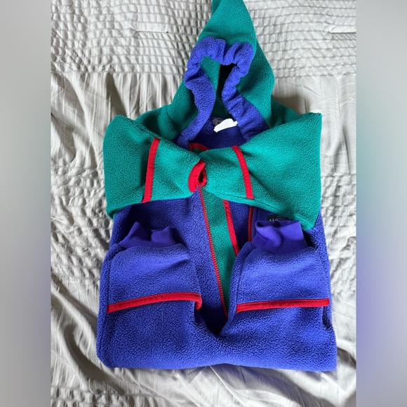 L.L. Bean Vintage Kids Fleece Bunting Toddlers 12M Green Blue Hood Color Block - Picture 6 of 7